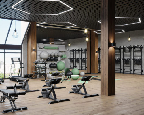 Modern gym interior with sport and fitness equipment, fitness center interior, interior  workout gym, 3d rendering